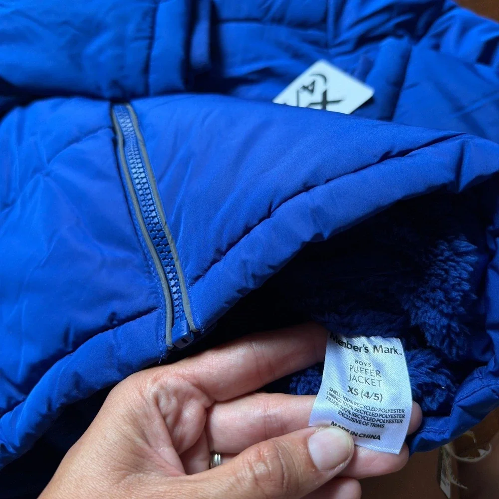 Members Mark Boys Blue Puffer Jacket Removable Hood Sherpa Lined XS 4/5 NEW